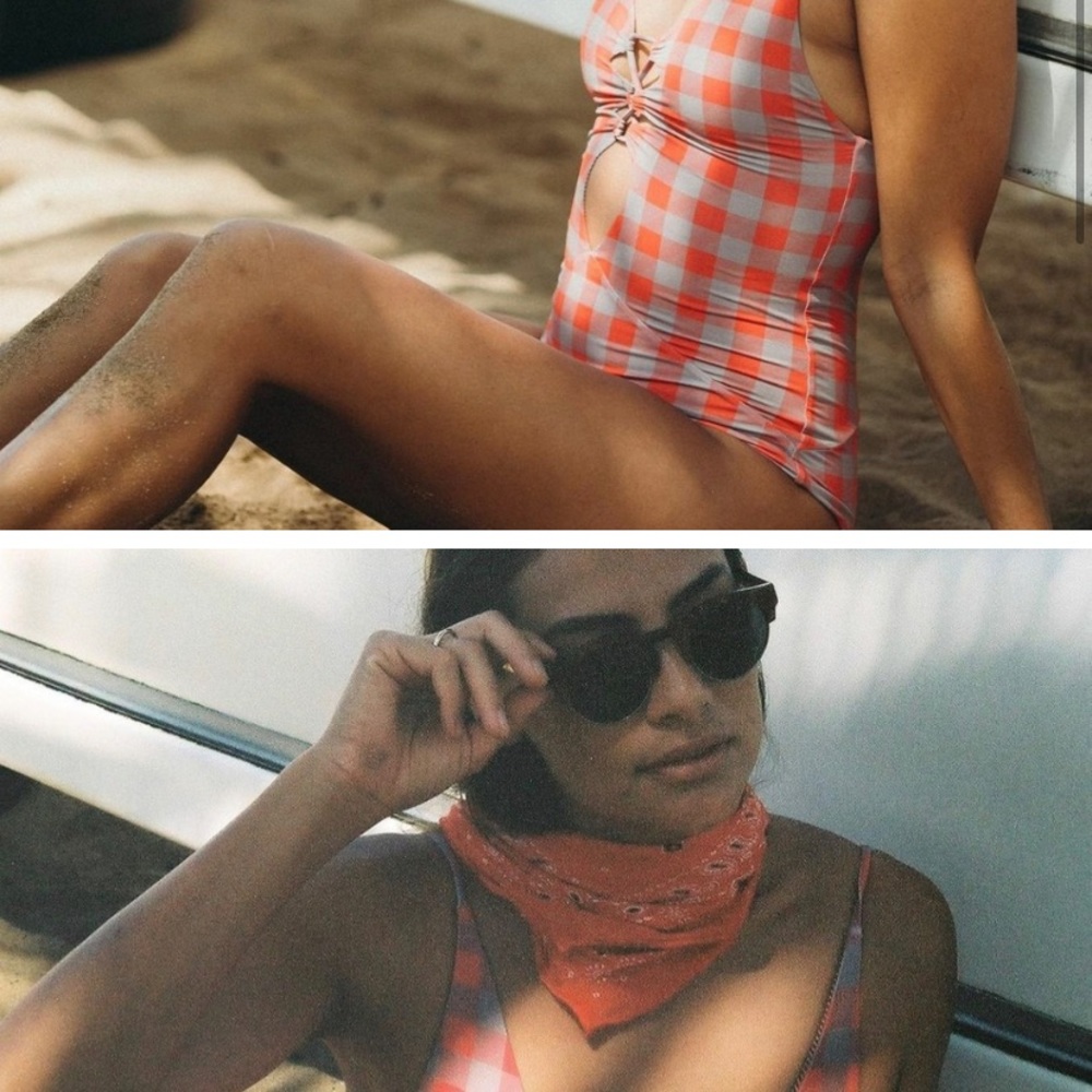 Acacia swimwear checkered gingham red & grey two 2 piece set- bikini swimsuit - Picture 5 of 14